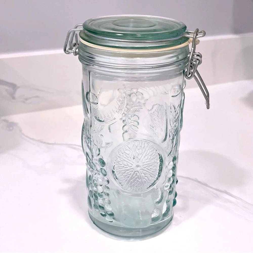 Vintage Embossed Fuit Pattern Glass Canister Set with Wire Bale Hinges, Set of 2